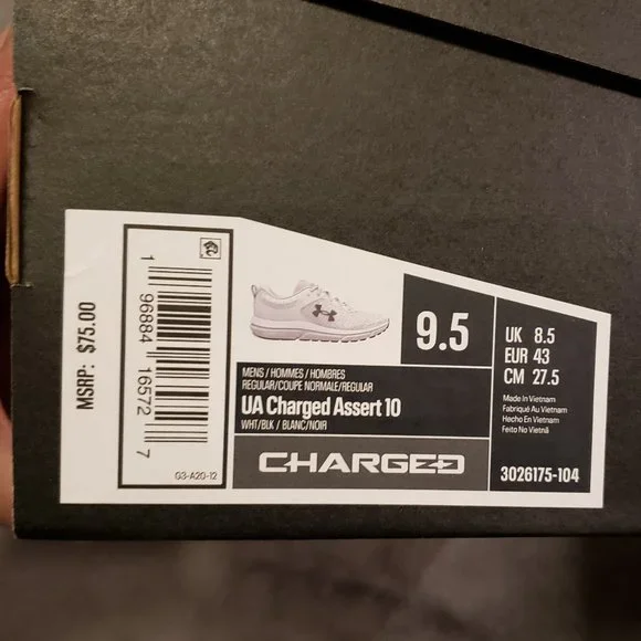 NEW Under Armour Charged Assert 10 3026175-104 Men's Wht/Blk Size 9.5 Shoes - Picture 9 of 9